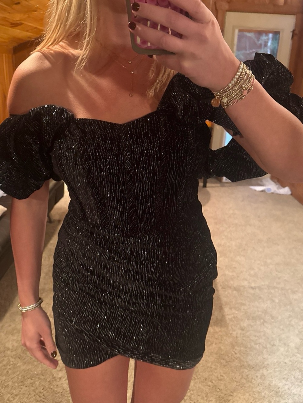 DO+BE Black Sparkle Off-Shoulder Puff Sleeve Mini